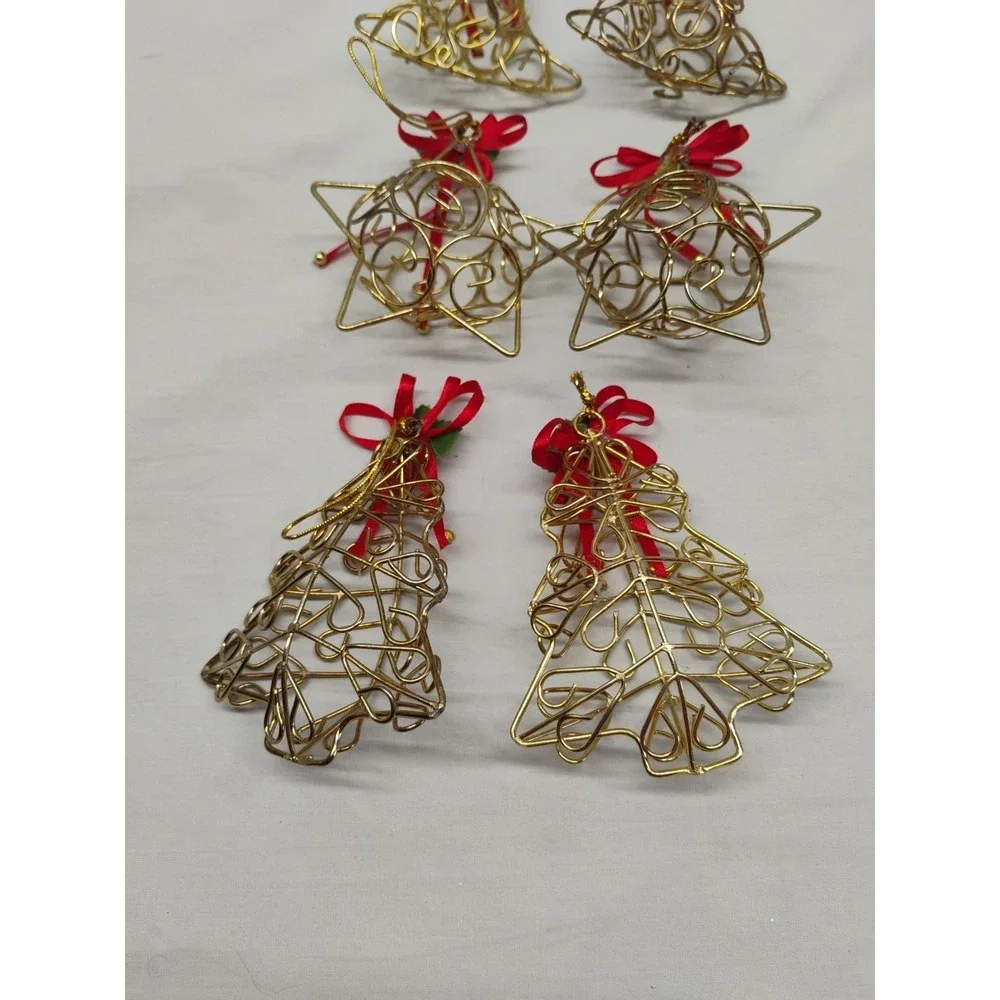 6pc Metal Tree & Star Christmas Ornaments Rustic Cottage‎ Vintage Gold Tone